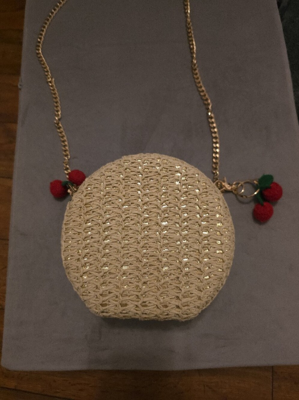 Woven Cream Round Crossbody Bag with Cherry Charms